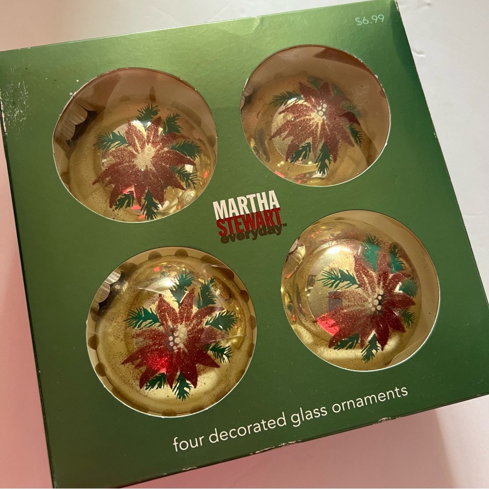 Set of 4 Christmas Ornaments with Poinsettias by Marta Stewart